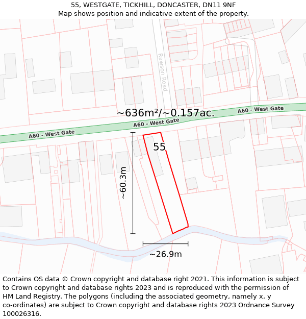 55, WESTGATE, TICKHILL, DONCASTER, DN11 9NF: Plot and title map