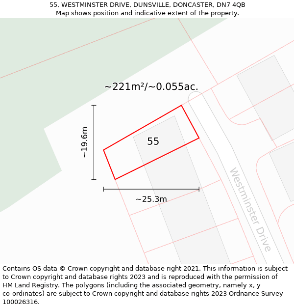 55, WESTMINSTER DRIVE, DUNSVILLE, DONCASTER, DN7 4QB: Plot and title map