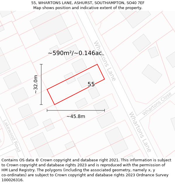 55, WHARTONS LANE, ASHURST, SOUTHAMPTON, SO40 7EF: Plot and title map