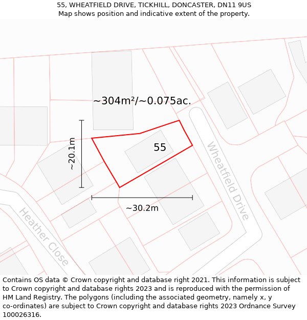 55, WHEATFIELD DRIVE, TICKHILL, DONCASTER, DN11 9US: Plot and title map