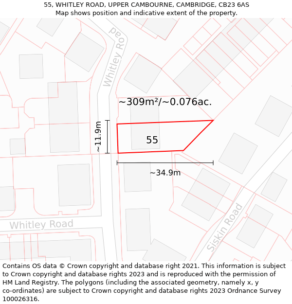 55, WHITLEY ROAD, UPPER CAMBOURNE, CAMBRIDGE, CB23 6AS: Plot and title map