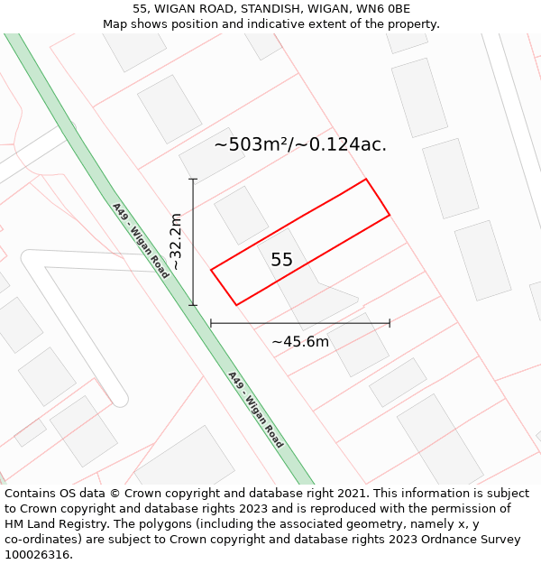 55, WIGAN ROAD, STANDISH, WIGAN, WN6 0BE: Plot and title map