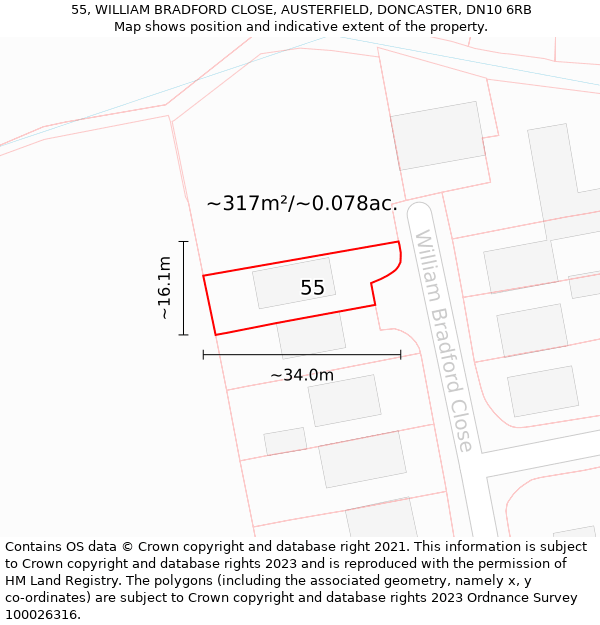 55, WILLIAM BRADFORD CLOSE, AUSTERFIELD, DONCASTER, DN10 6RB: Plot and title map