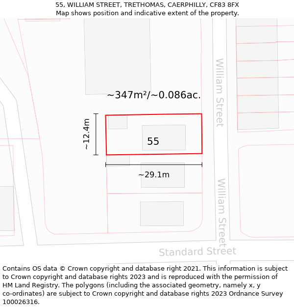 55, WILLIAM STREET, TRETHOMAS, CAERPHILLY, CF83 8FX: Plot and title map