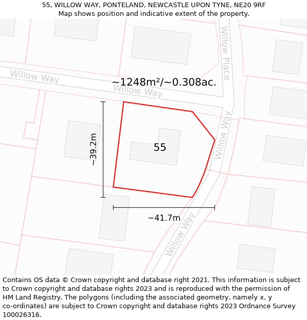 55, WILLOW WAY, PONTELAND, NEWCASTLE UPON TYNE, NE20 9RF: Plot and title map