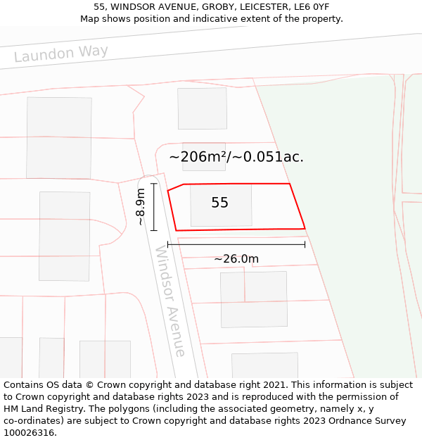 55, WINDSOR AVENUE, GROBY, LEICESTER, LE6 0YF: Plot and title map