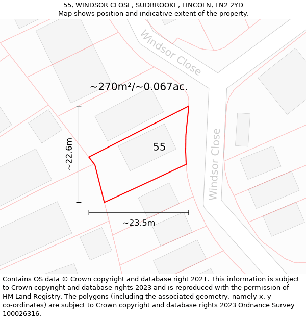 55, WINDSOR CLOSE, SUDBROOKE, LINCOLN, LN2 2YD: Plot and title map