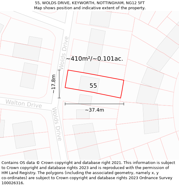 55, WOLDS DRIVE, KEYWORTH, NOTTINGHAM, NG12 5FT: Plot and title map