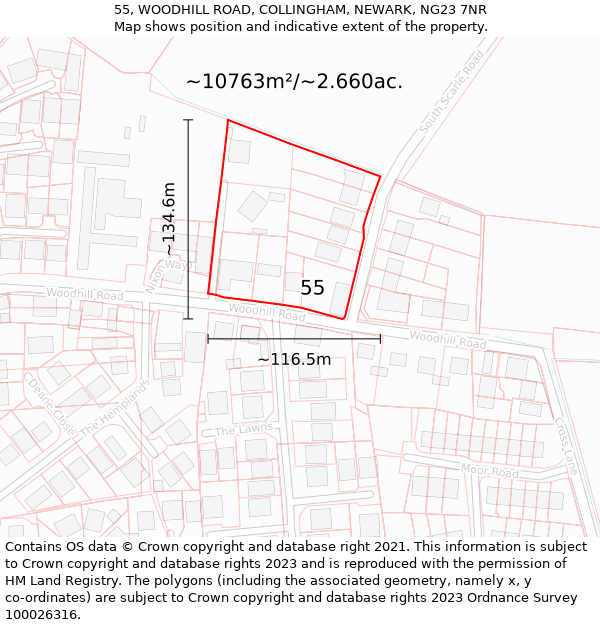 55, WOODHILL ROAD, COLLINGHAM, NEWARK, NG23 7NR: Plot and title map