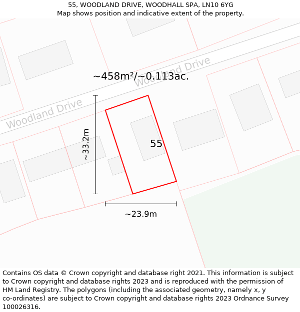 55, WOODLAND DRIVE, WOODHALL SPA, LN10 6YG: Plot and title map