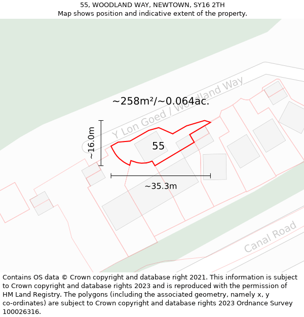 55, WOODLAND WAY, NEWTOWN, SY16 2TH: Plot and title map