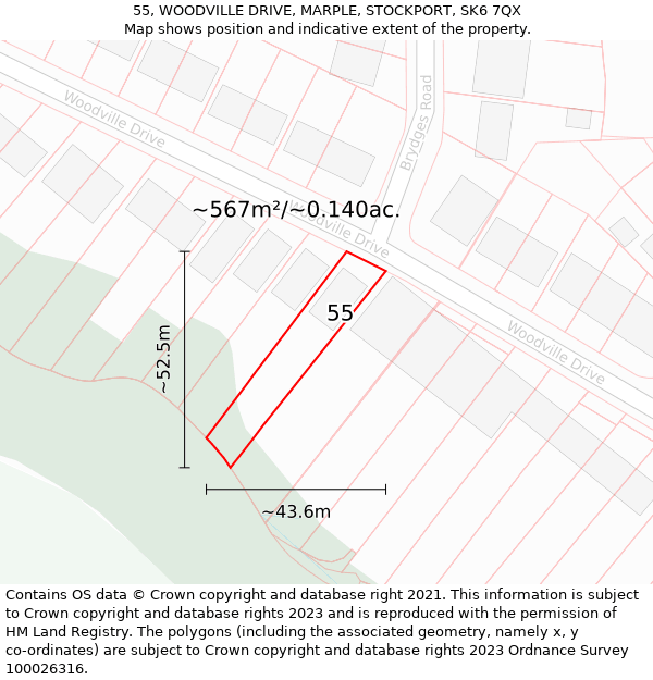 55, WOODVILLE DRIVE, MARPLE, STOCKPORT, SK6 7QX: Plot and title map