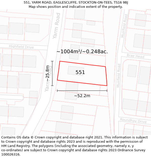 551, YARM ROAD, EAGLESCLIFFE, STOCKTON-ON-TEES, TS16 9BJ: Plot and title map