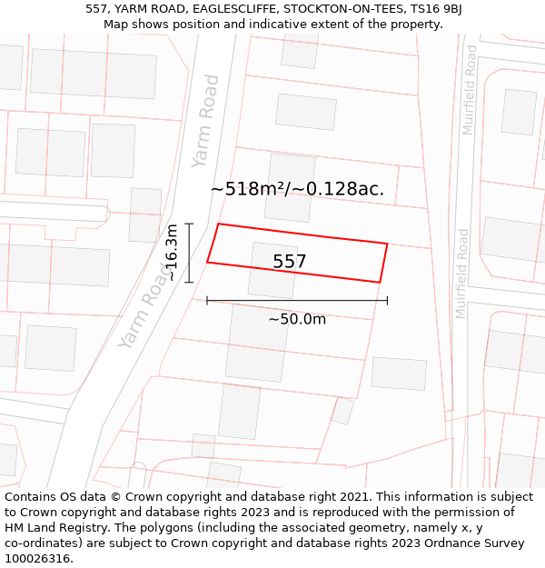 557, YARM ROAD, EAGLESCLIFFE, STOCKTON-ON-TEES, TS16 9BJ: Plot and title map