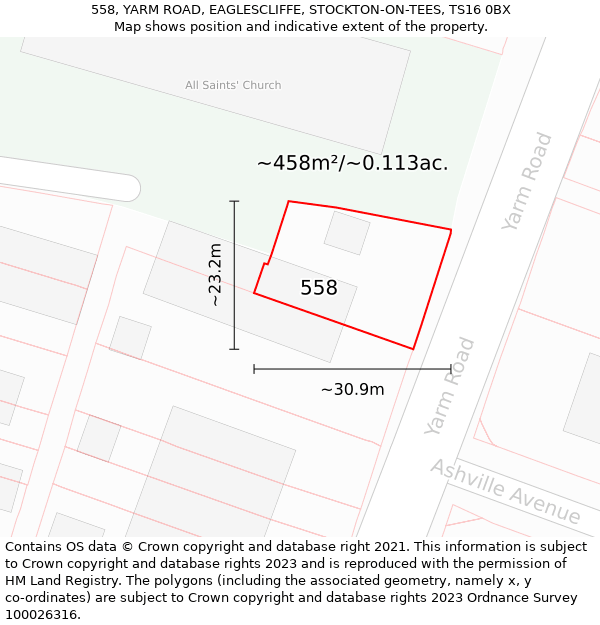 558, YARM ROAD, EAGLESCLIFFE, STOCKTON-ON-TEES, TS16 0BX: Plot and title map