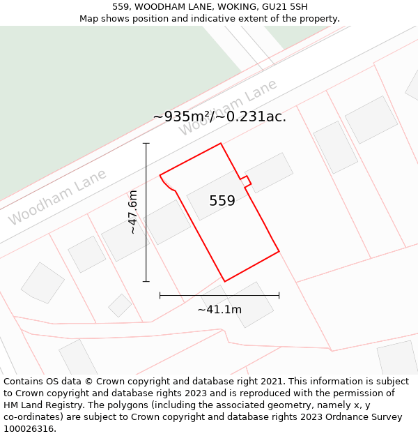 559, WOODHAM LANE, WOKING, GU21 5SH: Plot and title map