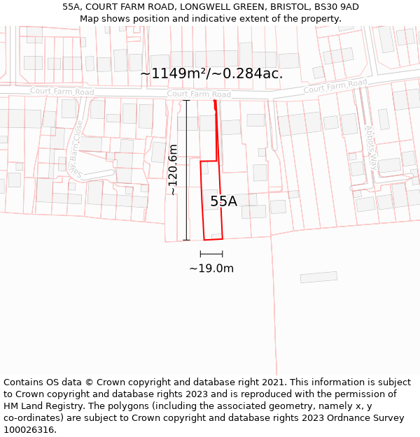 55A, COURT FARM ROAD, LONGWELL GREEN, BRISTOL, BS30 9AD: Plot and title map