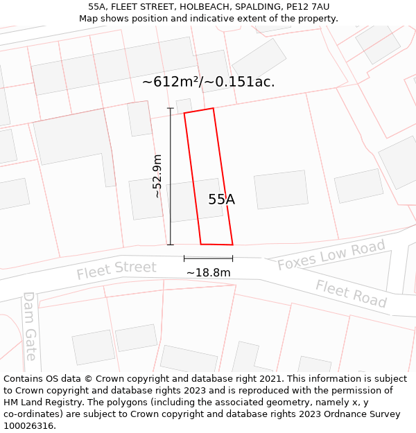 55A, FLEET STREET, HOLBEACH, SPALDING, PE12 7AU: Plot and title map