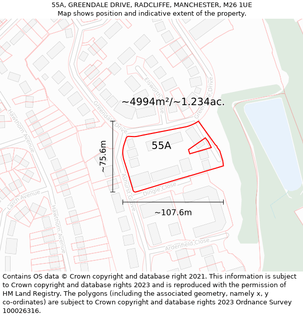 55A, GREENDALE DRIVE, RADCLIFFE, MANCHESTER, M26 1UE: Plot and title map