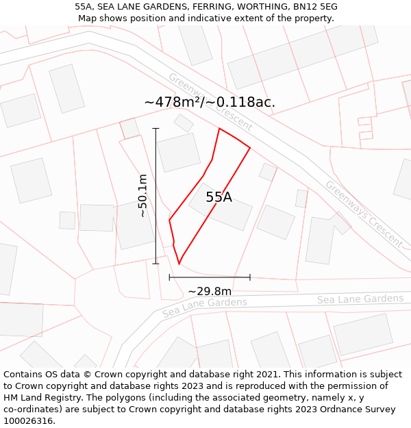 55A, SEA LANE GARDENS, FERRING, WORTHING, BN12 5EG: Plot and title map