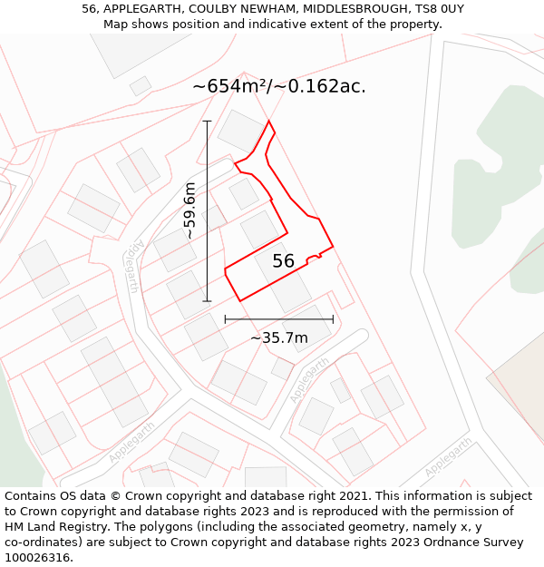 56, APPLEGARTH, COULBY NEWHAM, MIDDLESBROUGH, TS8 0UY: Plot and title map