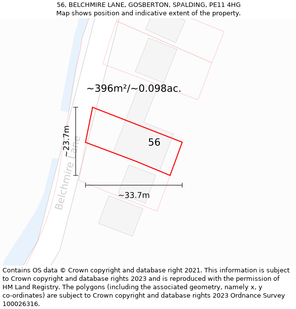 56, BELCHMIRE LANE, GOSBERTON, SPALDING, PE11 4HG: Plot and title map