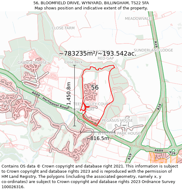 56, BLOOMFIELD DRIVE, WYNYARD, BILLINGHAM, TS22 5FA: Plot and title map