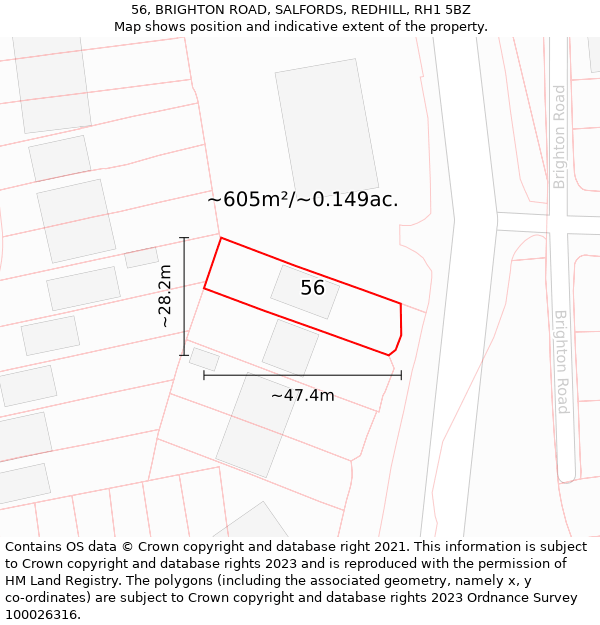 56, BRIGHTON ROAD, SALFORDS, REDHILL, RH1 5BZ: Plot and title map