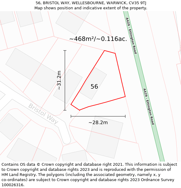 56, BRISTOL WAY, WELLESBOURNE, WARWICK, CV35 9TJ: Plot and title map