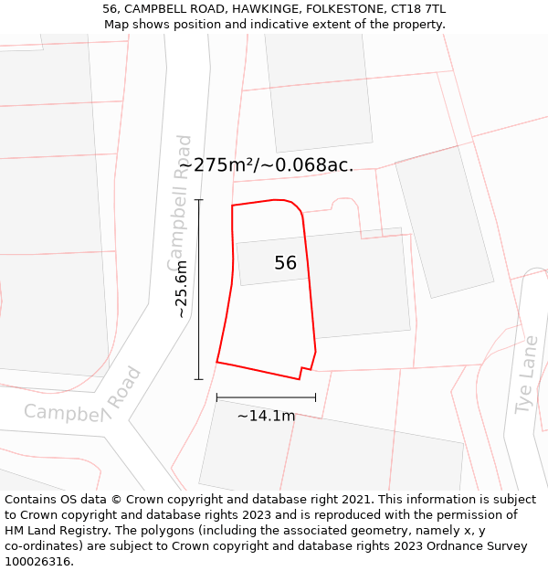 56, CAMPBELL ROAD, HAWKINGE, FOLKESTONE, CT18 7TL: Plot and title map