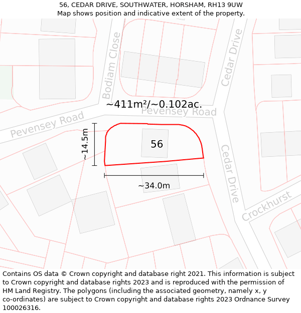 56, CEDAR DRIVE, SOUTHWATER, HORSHAM, RH13 9UW: Plot and title map