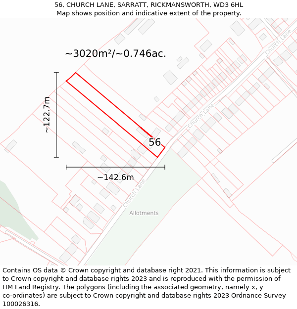 56, CHURCH LANE, SARRATT, RICKMANSWORTH, WD3 6HL: Plot and title map