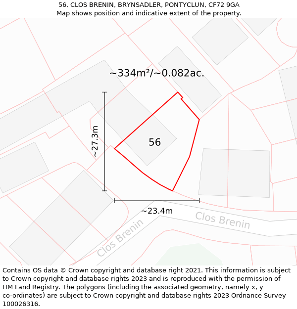 56, CLOS BRENIN, BRYNSADLER, PONTYCLUN, CF72 9GA: Plot and title map