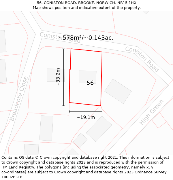 56, CONISTON ROAD, BROOKE, NORWICH, NR15 1HX: Plot and title map