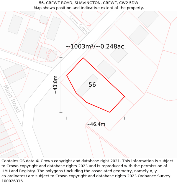 56, CREWE ROAD, SHAVINGTON, CREWE, CW2 5DW: Plot and title map