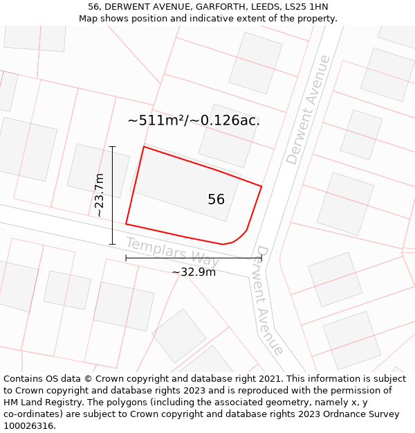 56, DERWENT AVENUE, GARFORTH, LEEDS, LS25 1HN: Plot and title map