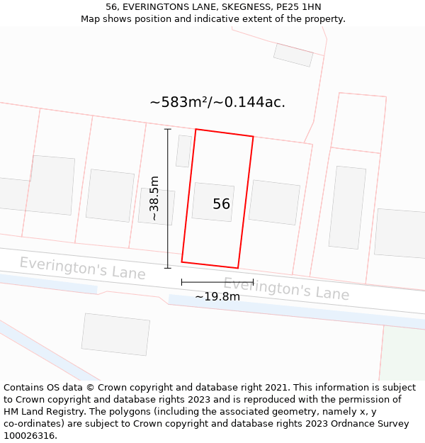 56, EVERINGTONS LANE, SKEGNESS, PE25 1HN: Plot and title map