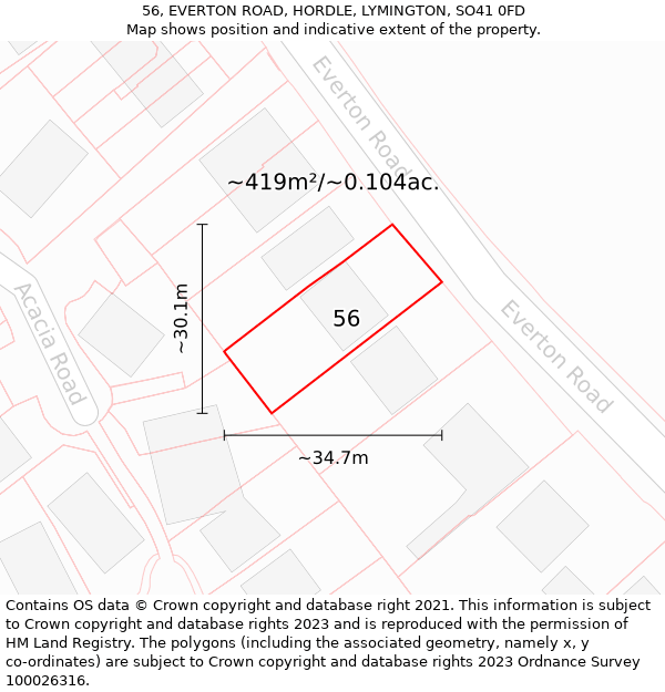 56, EVERTON ROAD, HORDLE, LYMINGTON, SO41 0FD: Plot and title map