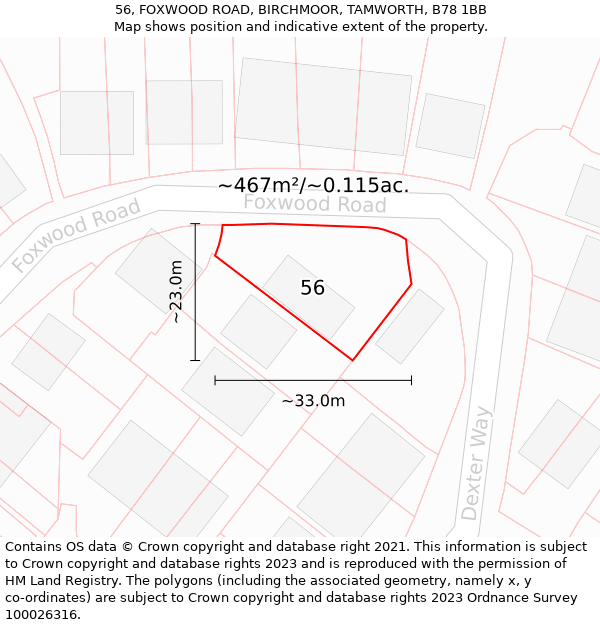 56, FOXWOOD ROAD, BIRCHMOOR, TAMWORTH, B78 1BB: Plot and title map