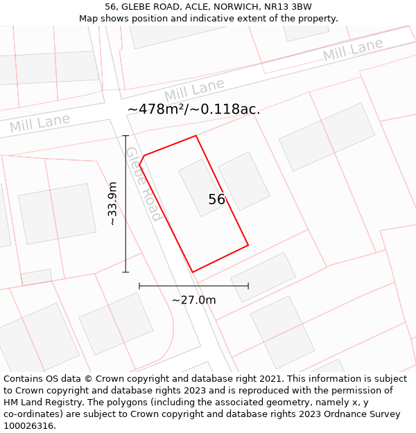 56, GLEBE ROAD, ACLE, NORWICH, NR13 3BW: Plot and title map