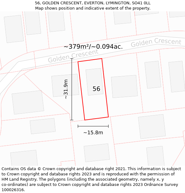 56, GOLDEN CRESCENT, EVERTON, LYMINGTON, SO41 0LL: Plot and title map