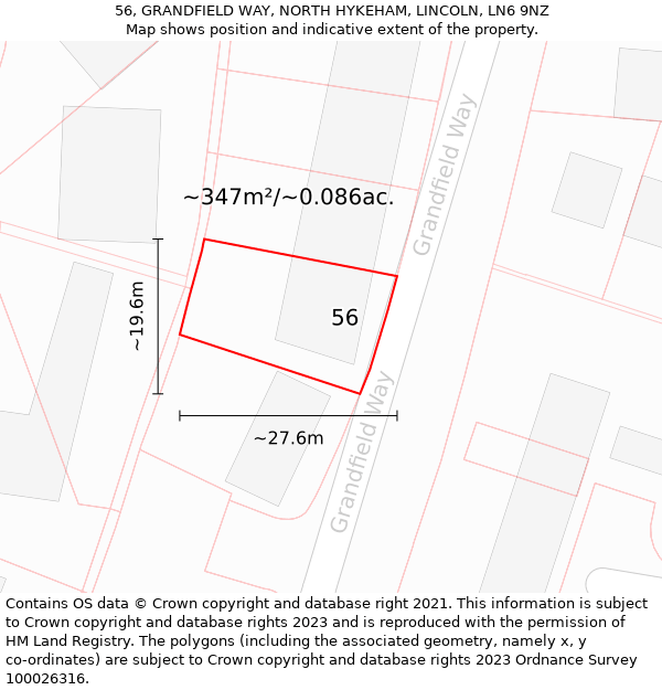 56, GRANDFIELD WAY, NORTH HYKEHAM, LINCOLN, LN6 9NZ: Plot and title map