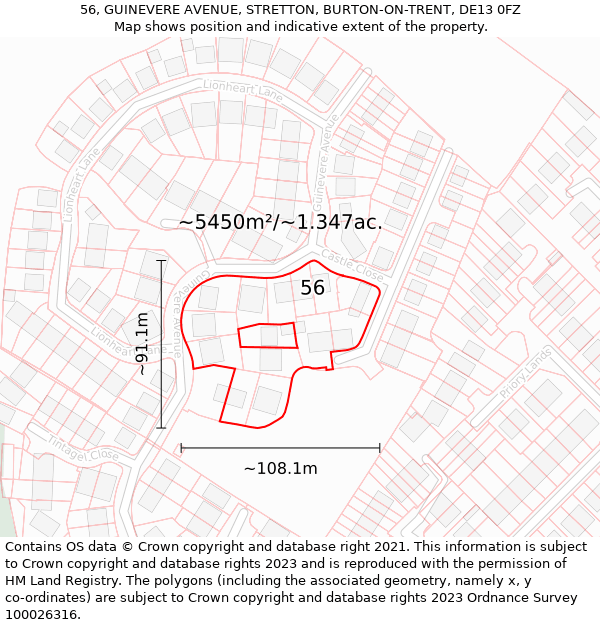 56, GUINEVERE AVENUE, STRETTON, BURTON-ON-TRENT, DE13 0FZ: Plot and title map