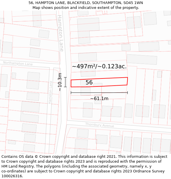 56, HAMPTON LANE, BLACKFIELD, SOUTHAMPTON, SO45 1WN: Plot and title map