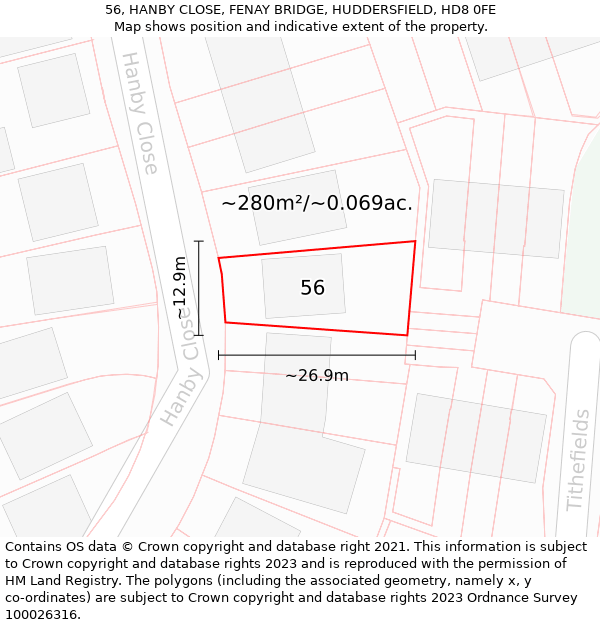 56, HANBY CLOSE, FENAY BRIDGE, HUDDERSFIELD, HD8 0FE: Plot and title map