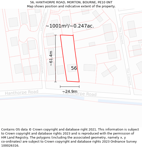 56, HANTHORPE ROAD, MORTON, BOURNE, PE10 0NT: Plot and title map