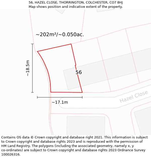 56, HAZEL CLOSE, THORRINGTON, COLCHESTER, CO7 8HJ: Plot and title map