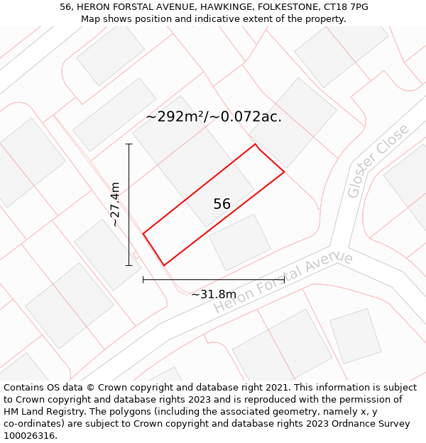 56, HERON FORSTAL AVENUE, HAWKINGE, FOLKESTONE, CT18 7PG: Plot and title map