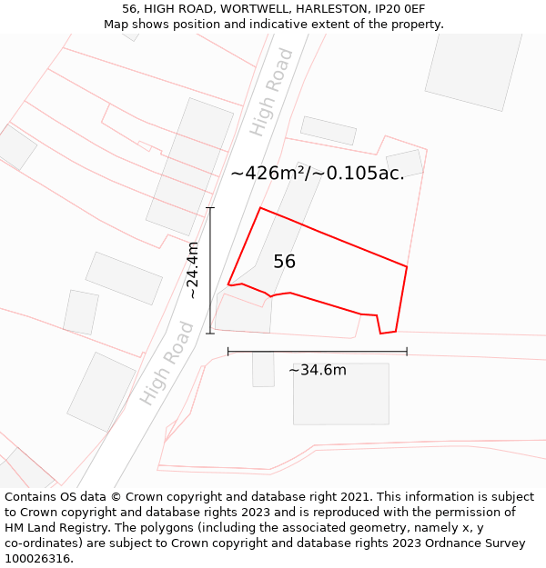 56, HIGH ROAD, WORTWELL, HARLESTON, IP20 0EF: Plot and title map