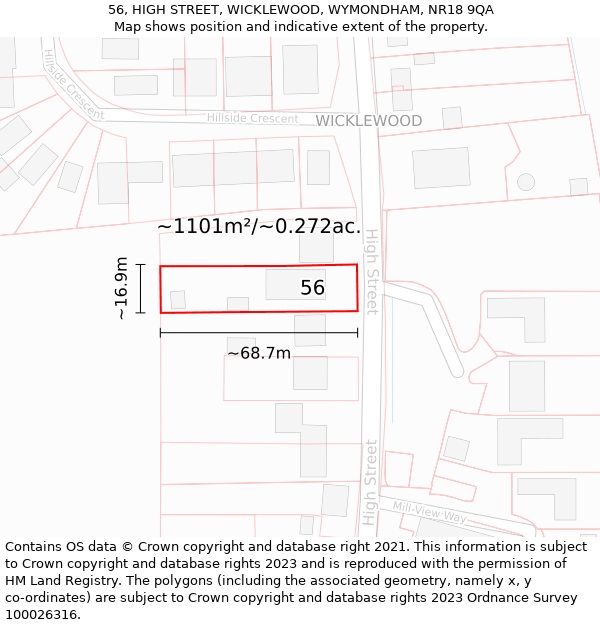 56, HIGH STREET, WICKLEWOOD, WYMONDHAM, NR18 9QA: Plot and title map